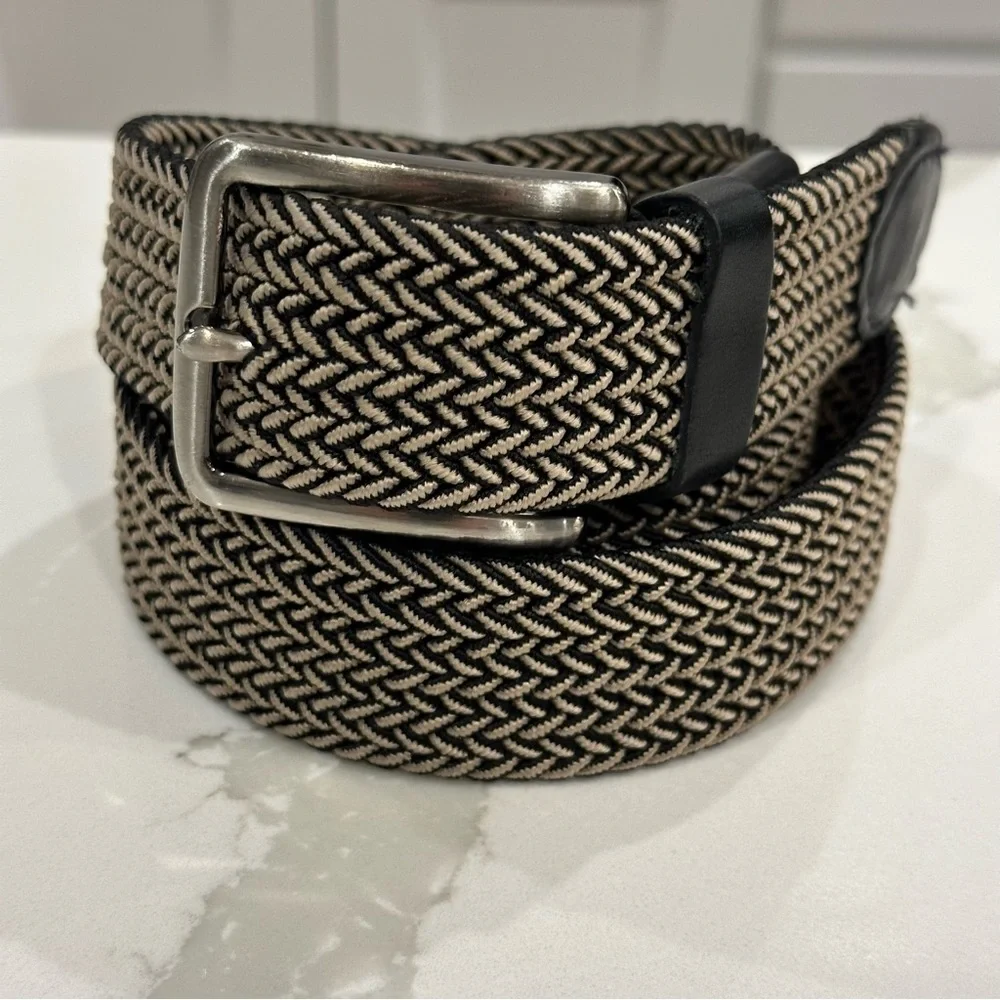 Tommy Bahama Mens Black Beige Leather Fabric Stretch Braided Belt Adjustable S/M